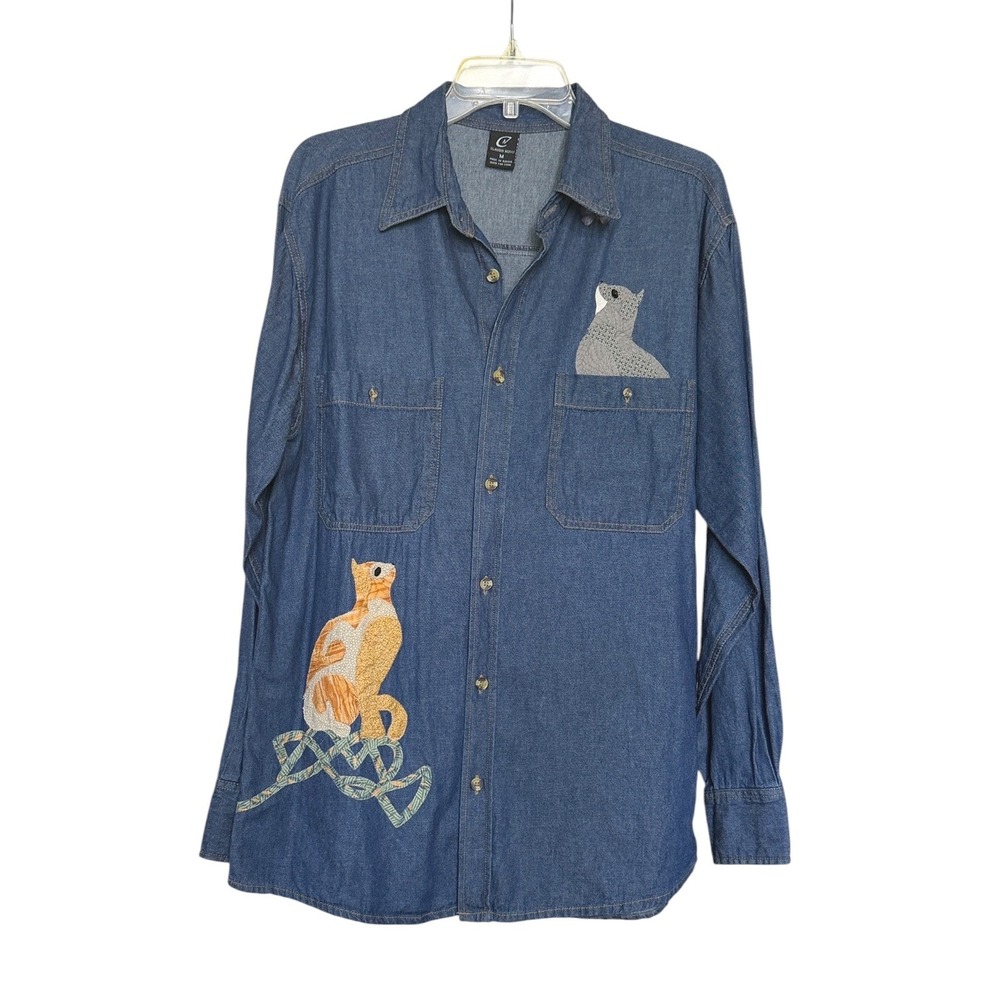 Claudio Nucci Cat Applique Denim Button Up Shirt Blue Womens Medium Whimsigoth